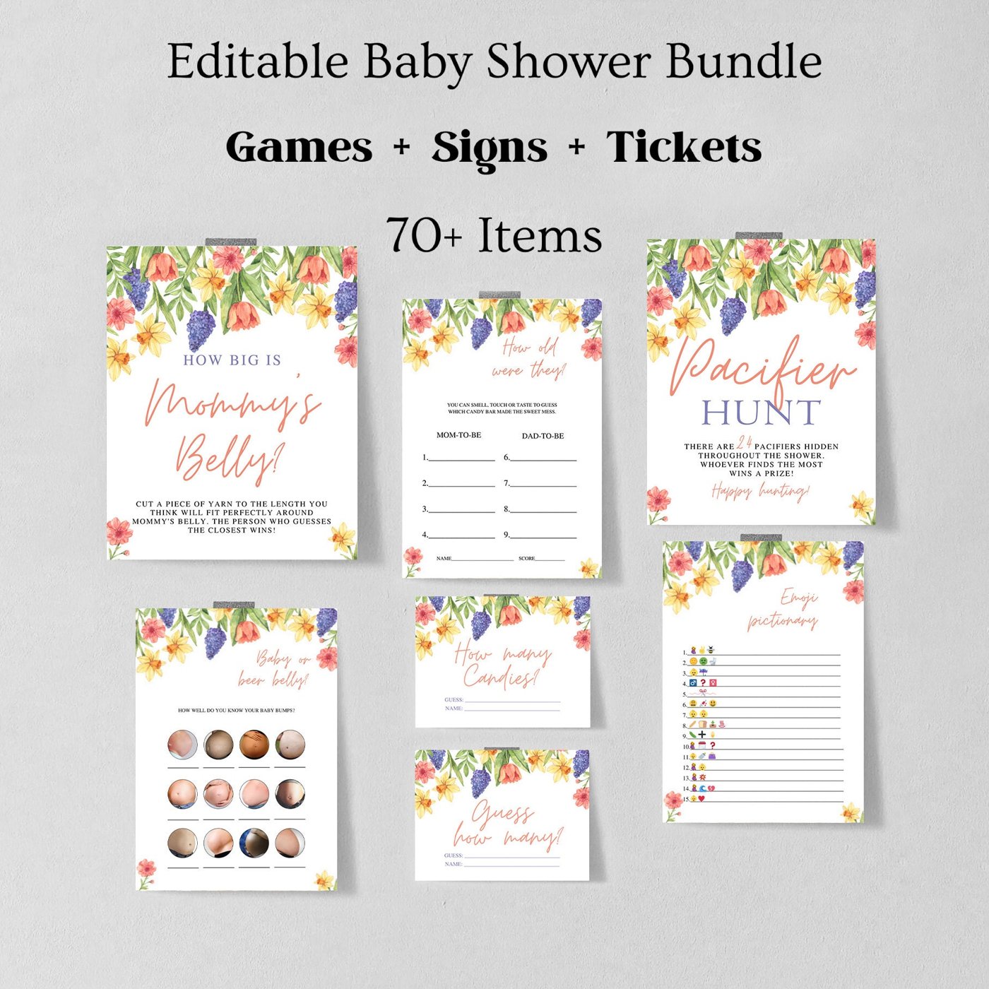 Editable Baby in Bloom Baby Shower Game Bundle, Spring Flowers Baby Shower Game Pack, Wildflower Baby Shower Games 1219