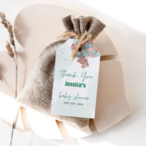 Editable Teddy Bear Baby Shower Favor Tags, Green balloon baby shower Favor Tags, baby shower Gift tag 1240