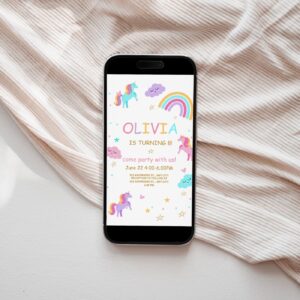 Editable Unicorn Birthday Mobile Invitation Magical Party Invite Girl Pink Pastel First Digital Unicorn Party Template R