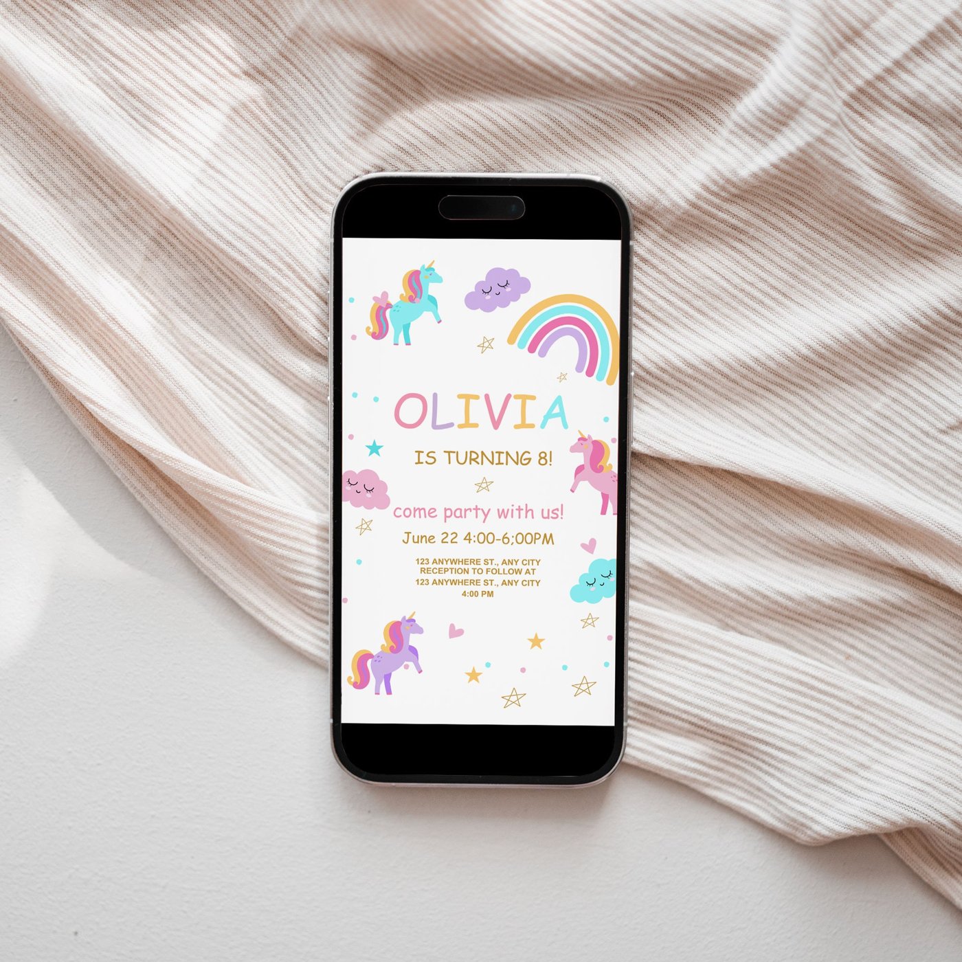 Editable Unicorn Birthday Mobile Invitation Magical Party Invite Girl Pink Pastel First Digital Unicorn Party Template R