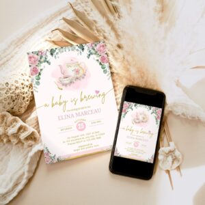 Baby Shower Tea Party Invitation, Baby is Brewing Baby Brunch Invite, Blush Pink Gold Floral Electronic Invitation Phone