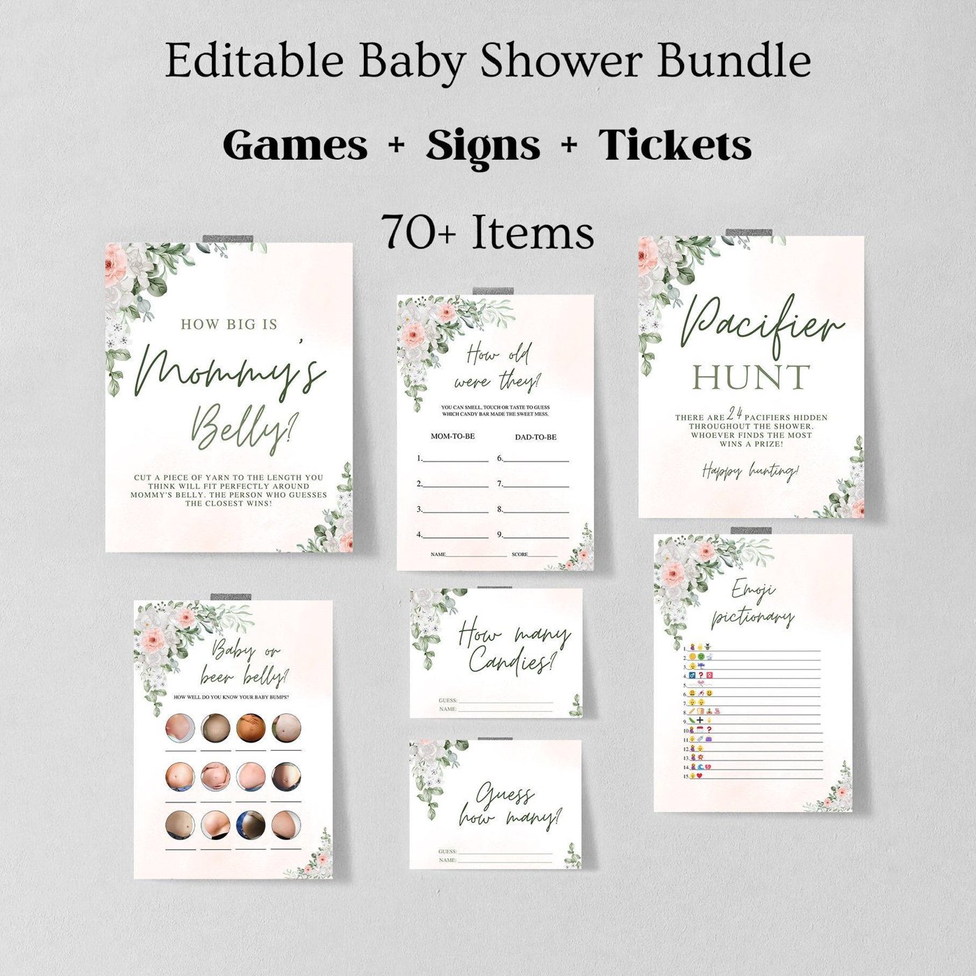 Blush pink floral Baby Shower Games Bundle, Boho Baby Shower, Floral Baby Shower Games, Printable Girl Baby Shower Games