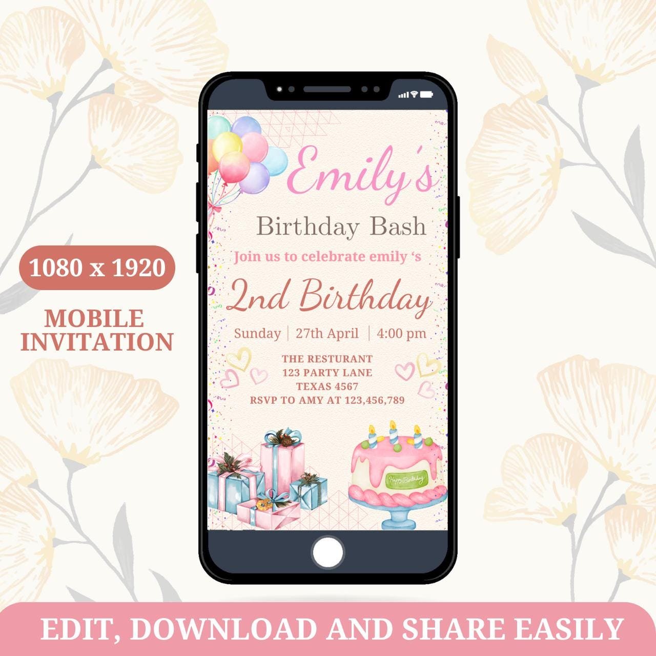 Editable Pink Birthday Party Mobile invitation, Editable 2nd Birthday tag, Balloons & Cake Watercolor, Girl birthday Wat