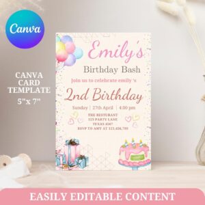Editable Pink Birthday Party Invite, Editable 2nd Birthday Template, Balloons & Cake Watercolor, Girl birthday Watercolo