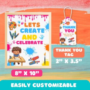 Editable Art Birthday Party Table sign and Thank you tag Template Paint and Party Theme, Pastel Rainbow Watercolor, Arti