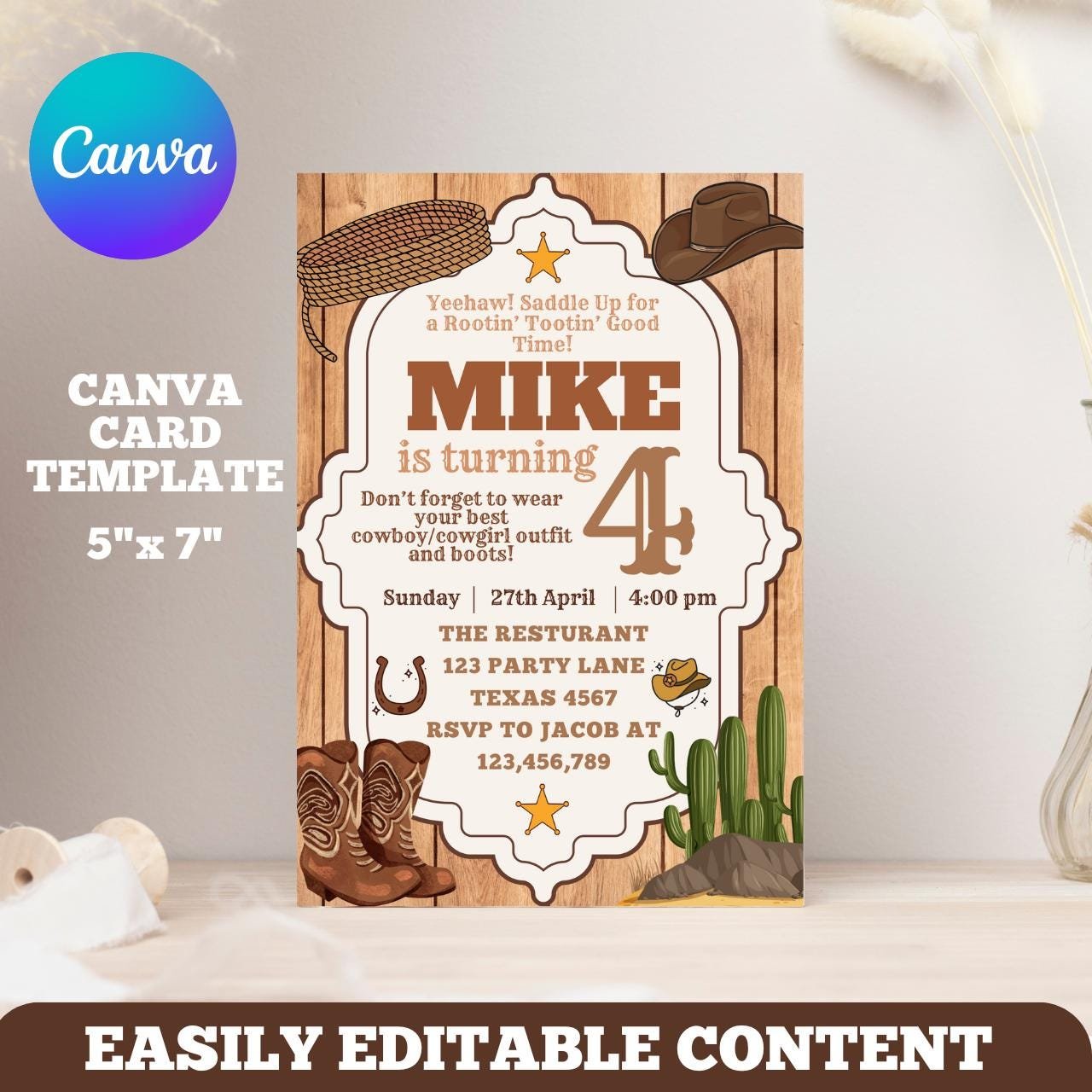 Editable Country Western Party Invitation Template, Cowboy Birthday Theme, Rustic Wood & Hat Design, Printable, Instant