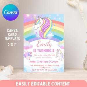 Unicorn Birthday Party Invitation Template, Pastel Rainbow Theme, Sparkle Design, Editable Canva Download, Printable for