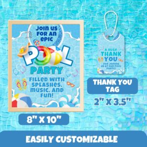 Pool Party Editable Table sign and thank you tag, Template, Summer Birthday Evite, Text Party Design, Pool Party Digital