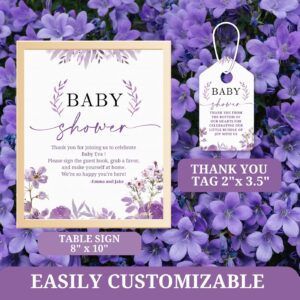 Purple Wisteria Baby in Bloom Table sign & thank you tag, Editable Baby Shower Design, Printable Elegant Floral Brunch=