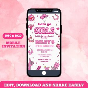 Let’s Go Girls Party Mobile Invitation Template, Galentine’s Rodeo Bash, Girl’s Night Editable Design, Cowgirl Valentine