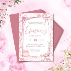 Editable Vintage Pink Bow Birthday Invitation – Floral Toile Design for Girls – Coquette Style Cake Party Canva Template