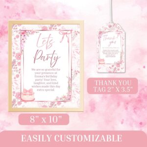 Editable Vintage Pink Bow Birthday Table sign and thank you tag – Floral Toile Design for Girls – Coquette Style Cake Pa