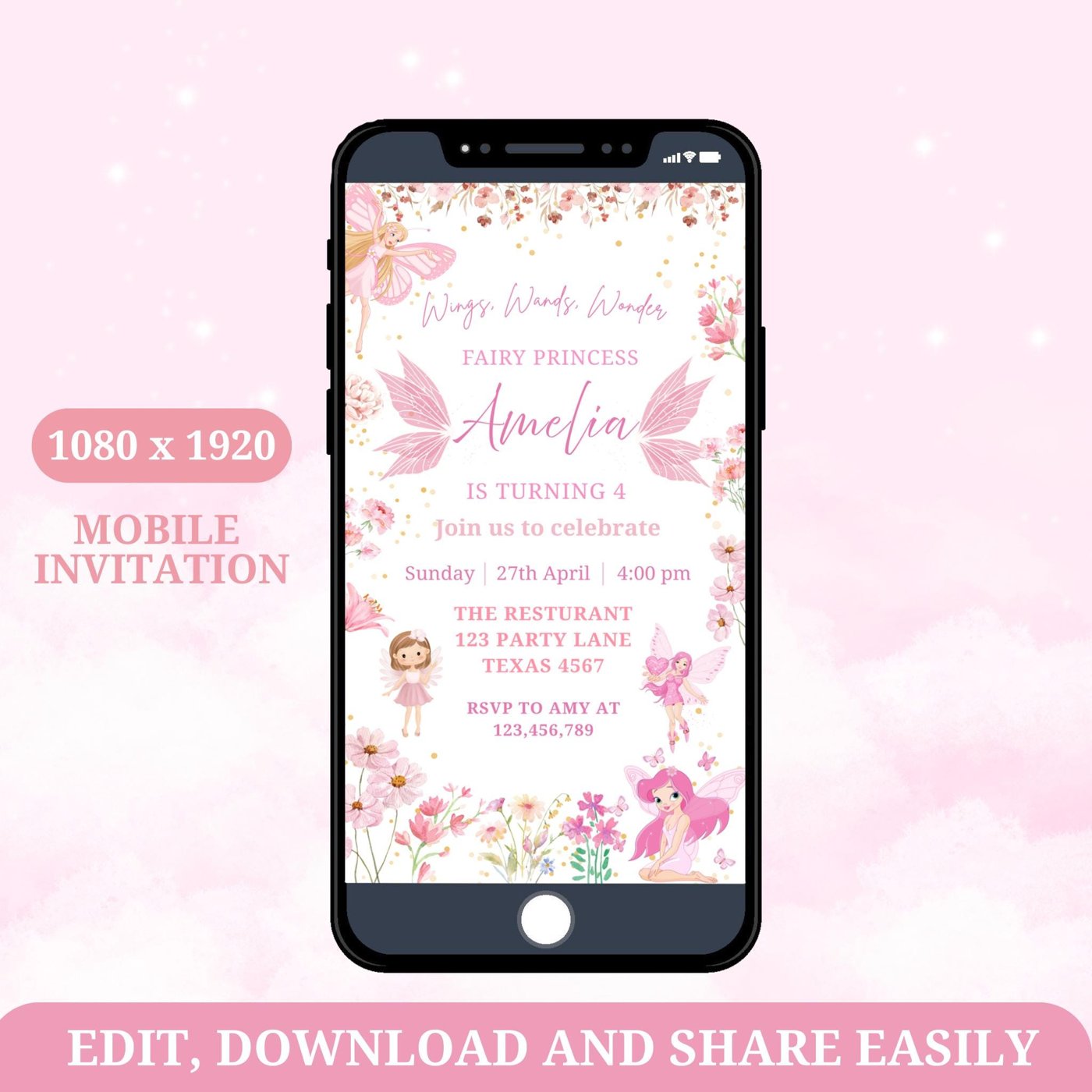 Editable Blush Pink Boho Wildflower Fairy 1st Birthday Mobile Invitation – Enchanted Garden Party Printable for a Magica