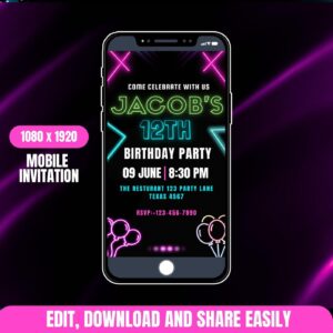Neon Lights Birthday Mobile Invitation Template, Let’s Party Glow Theme, Editable Canva Design, Neon Celebration for Any