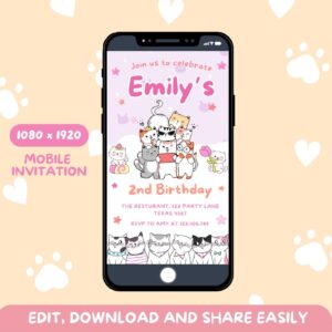 Editable Kitten Birthday Mobile Invitation Template, Cute Cat Girl Party Design, Are You Kitten Me Right Meow Theme, Bab