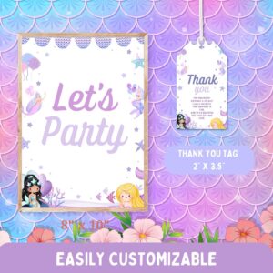 Mermaid Birthday Table sign and thank you tag Template, Gold Under the Sea Theme, Editable Canva Design, Printable Birth