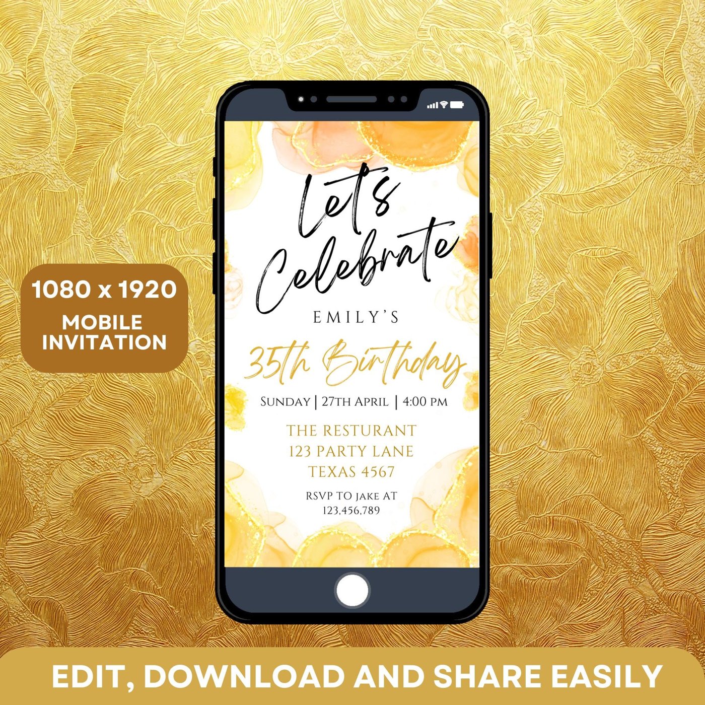 Tropical Brunch Party Mobile Invitation Template, Editable Pink Orange Gold Design, Birthday Celebration for Ladies, Tee