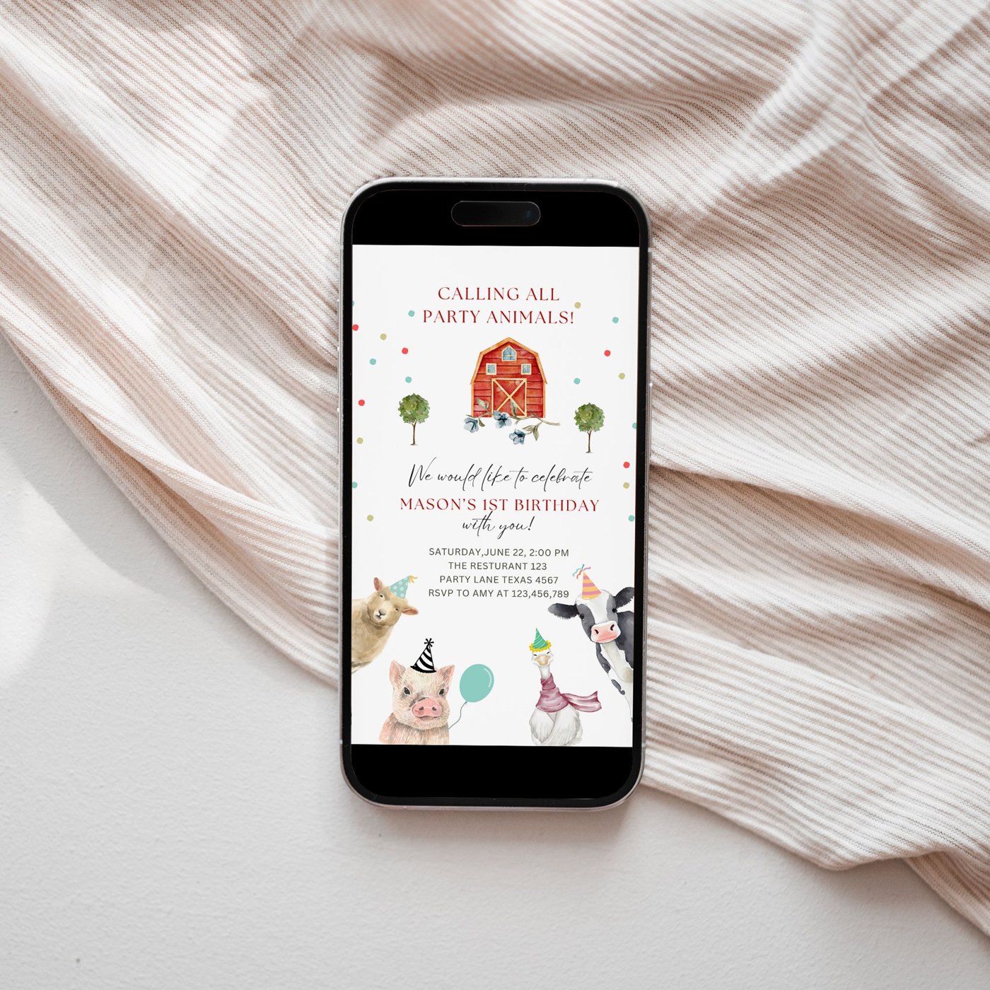 Editable Farm Animals Birthday Mobile Invitation Boy Farm Barnyard First Birthday Party Animals Confetti Download Templ