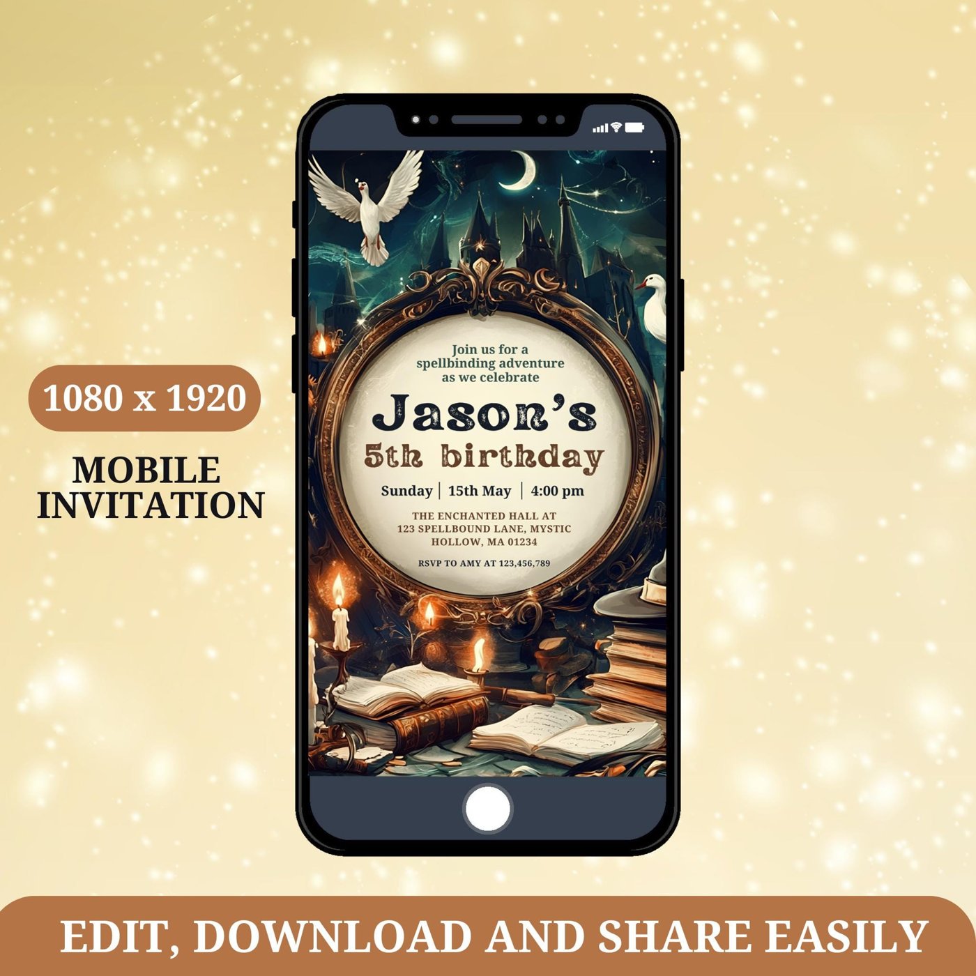 Editable Wizard Birthday Mobile Invitation Template, Magical Party Design, Magic School Theme Celebration, Instant Downl