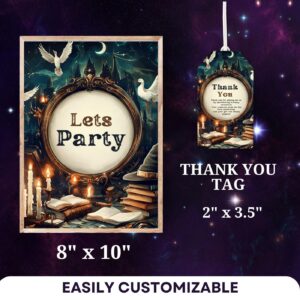Editable Wizard Birthday Invitation Table sign and thank you tag, Magical Party Design, Magic School Theme Celebration S