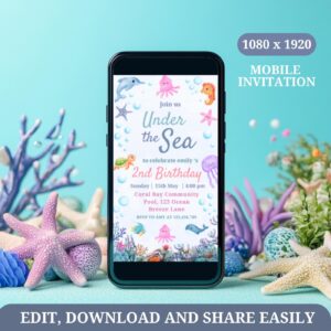 Oneder the Sea Birthday Mobile Invitation Template, Under the Sea Editable Design, 1st Birthday Celebration, Ocean Anima