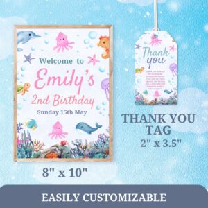 Oneder the Sea Birthday Table sign and thank you tag Template, Under the Sea Editable Design, 1st Birthday Celebration,