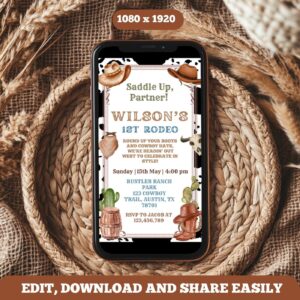 Editable Cowboy 1st Birthday Mobile Invitation – First Rodeo Party Set, Western Theme Template for Boy’s Milestone Celeb