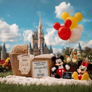 Whimsical Pregnancy Reveal – Editable Digital Template Featuring Mikey & Mini, Gender-Neutral Design with Magic Castle