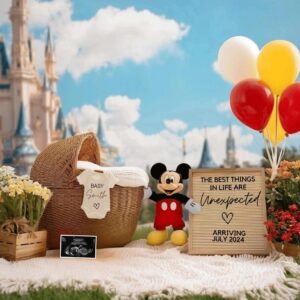 Mikey & Mini Pregnancy Reveal – Editable Digital Template, Whimsical Gender-Neutral Design with Magic Castle