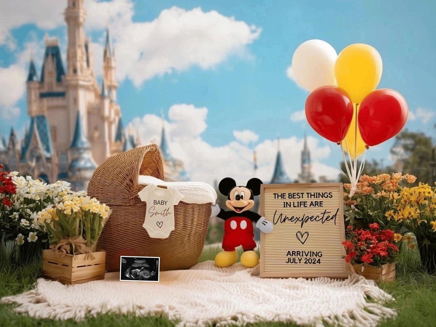 Mikey & Mini Pregnancy Reveal – Editable Digital Template, Whimsical Gender-Neutral Design with Magic Castle