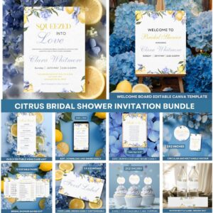 Citrus-Themed Bridal Shower Bundle – Editable Main Squeeze Invitation & Printable Games, Floral Blue and Orange Design