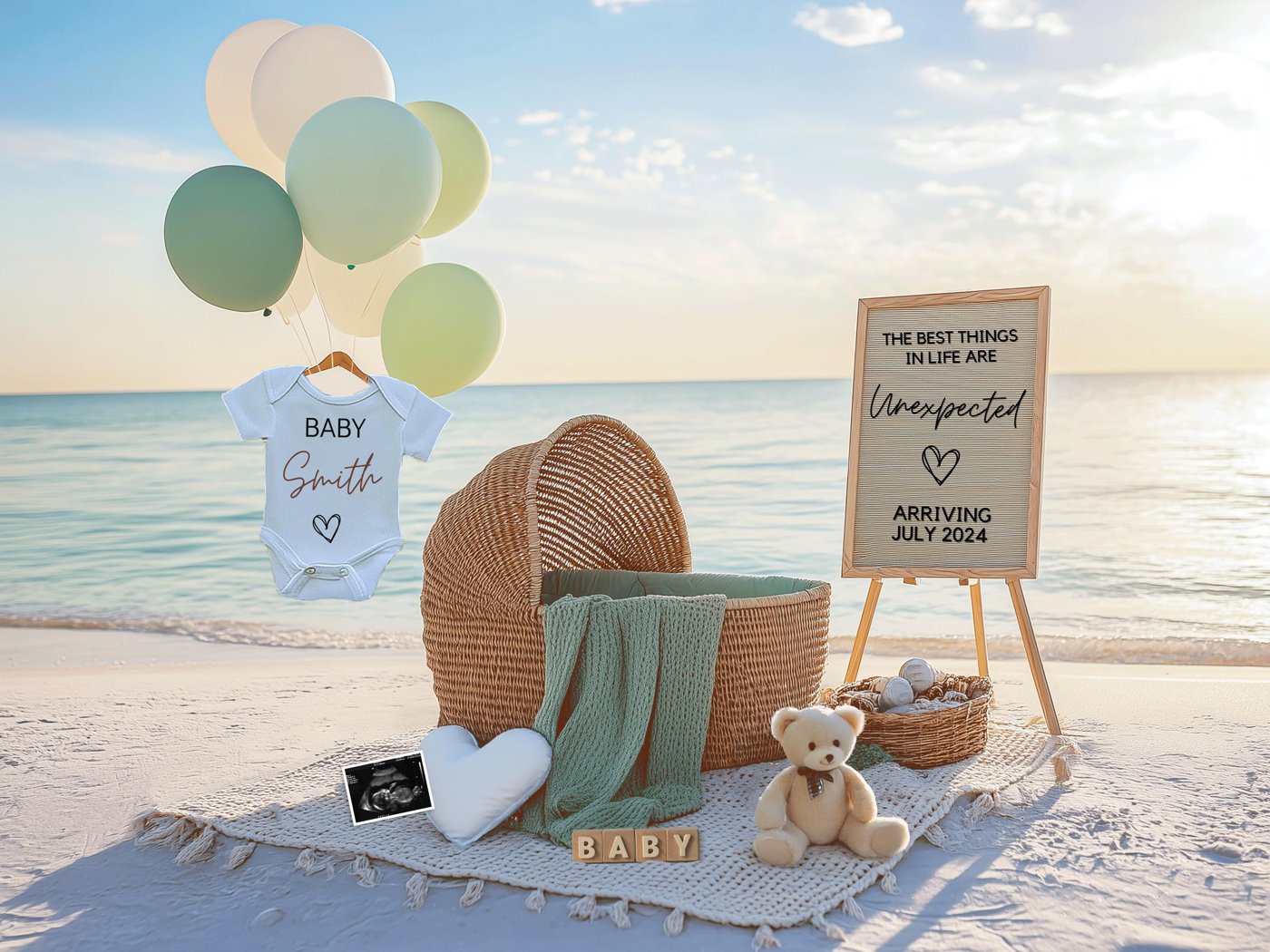 Beach Baby Pregnancy Announcement Template | Summer Baby Announcement Sea Theme | Editable Social Media Post Baby Reveal