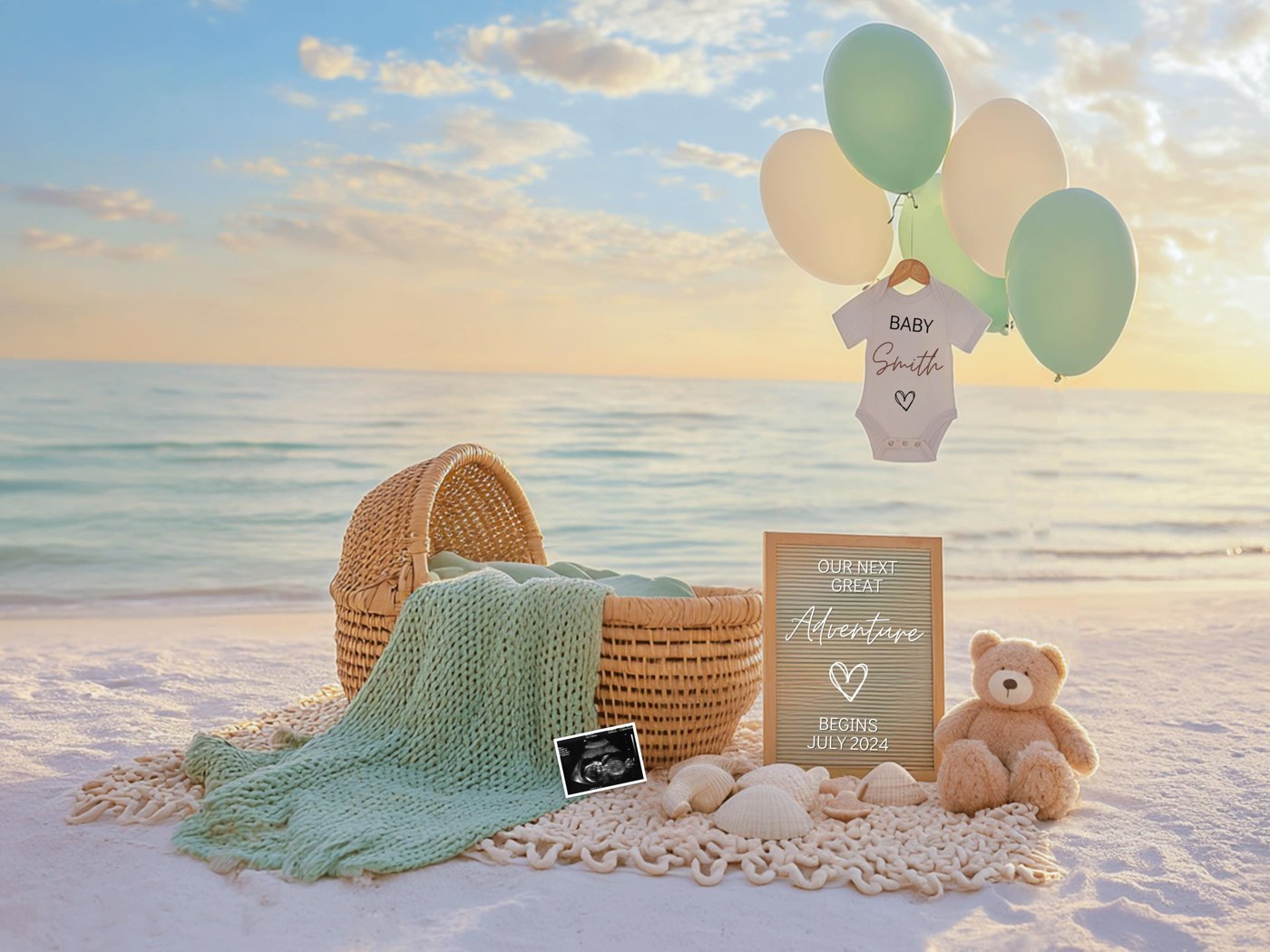 Beach Baby Pregnancy Announcement Template | Summer Baby Announcement Sea Theme | Editable Social Media Post Baby Reveal