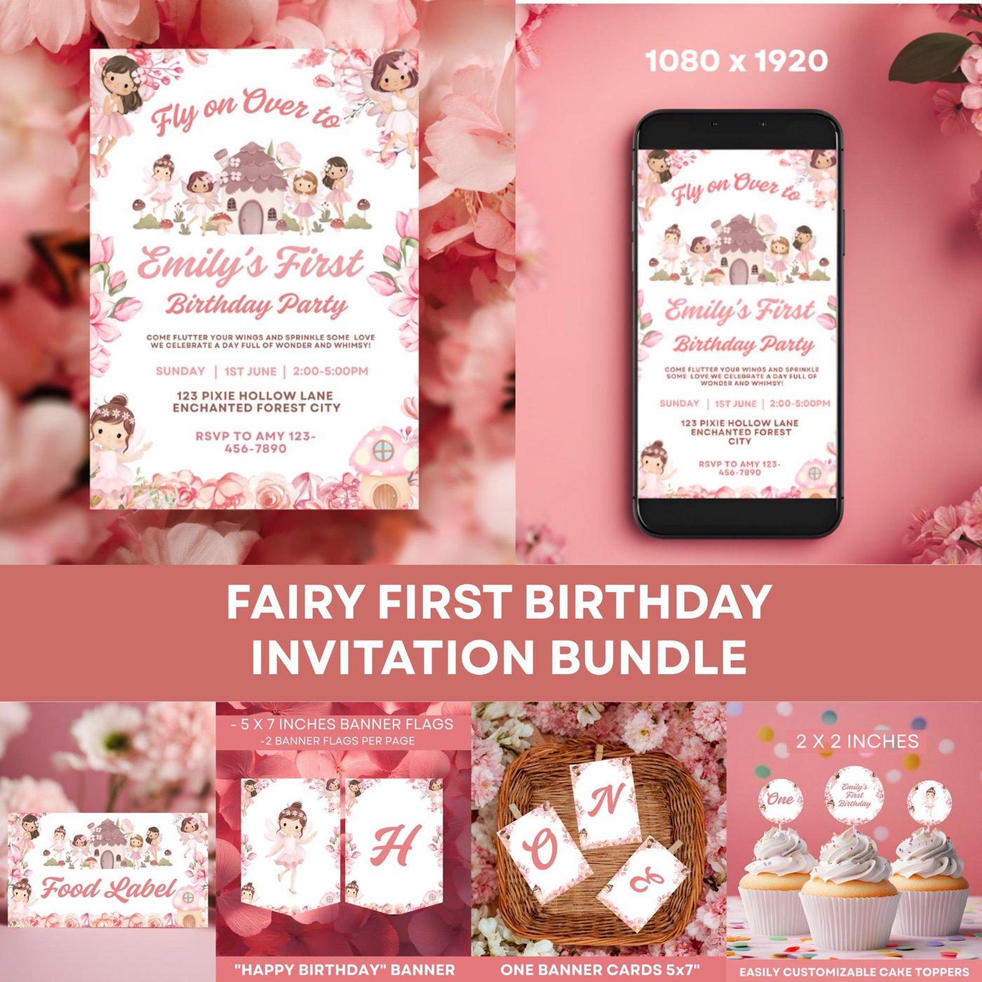 Fairy 1st Birthday Set, Garden Fairy Birthday Kit, First Birthday Invite Template, Fairy-Themed Party Decor for Girls, M