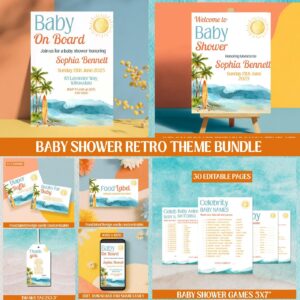 Surf-Themed Baby Shower Invitation Bundle – Baby on Board Invite Set, Surfboard Decor & Editable Templates