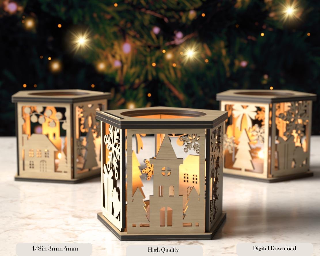 Christmas Decor Lantern Night Light Decoration Centerpiece SVG | Table Lampshade & Candle Holder Digital Download, Candl