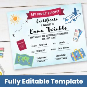 First Flight Certificate for Kids | Editable Travel Certificate | Flying Milestone Award | Vacation Gift Printable | Dig