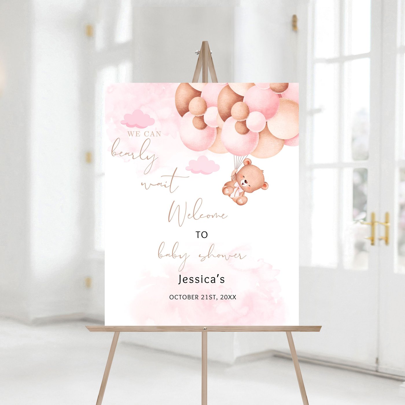 Editable Teddy Bear Baby Shower Welcome Sign, pink balloon Baby Shower Welcome Sign, Printable Baby Shower Sign,pink ted