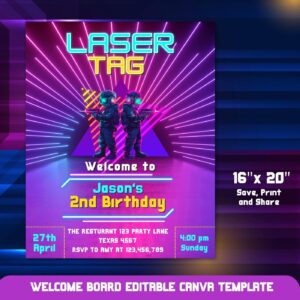 Editable Laser Tag Birthday Welcome sign Template, Neon Red Glow Party Design, Laser Tag Theme for Boys, Instant Downloa