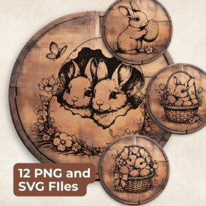 Bundle 4 Easter bunnies vector for design on wood, laser engraving, PNG/SVG Сutting board, t-shirts, slate, canvas, mugs