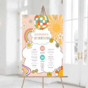 Editable Groovy Birthday Milestones Sign Girl Retro Birthday Rainbow Hippie Flower Power 70's Sun 1st Party Template Pri
