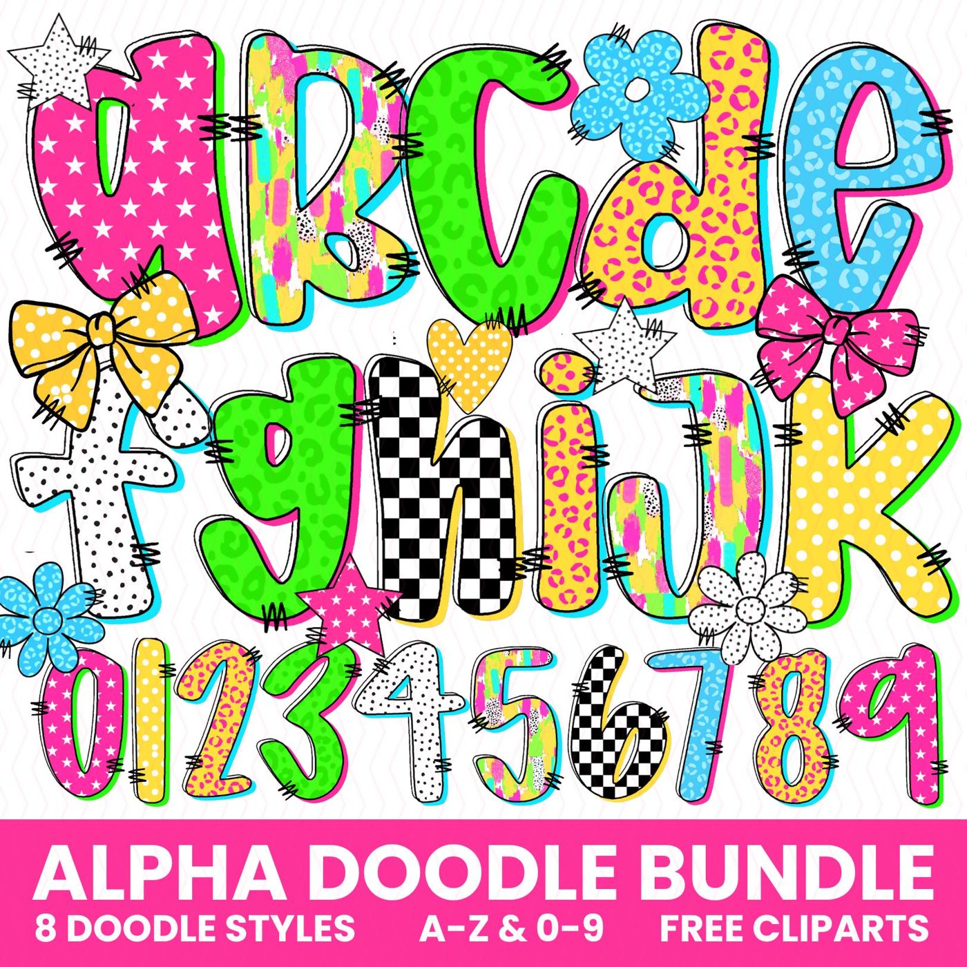 Vibrant Preppy alphabet letters Bundle | doodle alpha font Letter and Number | School Teacher Alphabet Flower | Star | H