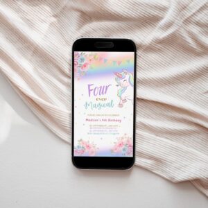 Unicorn 4th Birthday Invitation Editable Four Ever Magical Birthday, Pastel Unicorn Girl 4th Birthday Electronic Phone T