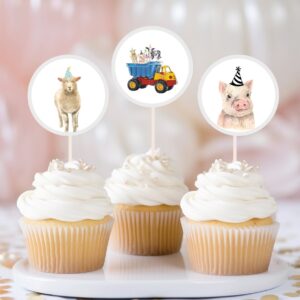 Editable Farm Animals Birthday Cupcake Topper| Boy Farm Barnyard First Birthday Party Animals Confetti Cake topper Temp