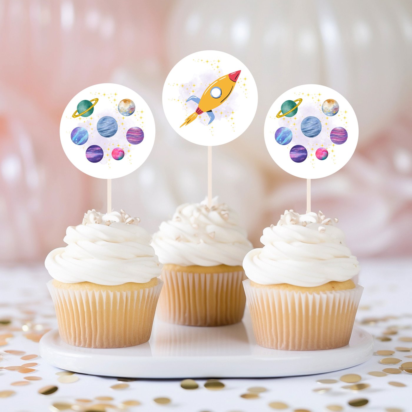 Editable Two The Moon Space Birthday Cake Topper Pink Gold Girl Galaxy Planets Outer Space Party Rocket Ship Birthday Cu