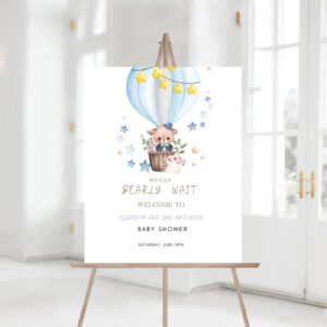 Editable Teddy Bear Hot Air Balloon Shower Welcome Sign, We Can Bearly Wait Boy Bear Welcome Sign, Printable Baby Shower