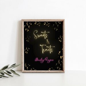 Editable Pink neon girl Birthday Table sign Gold Glitter Pink Neon, Sweet and Treats sign, Birthday sign 1181