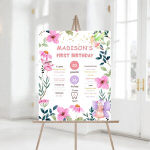 Editable Fairy First Birthday party Milestones Sign, Printable Fairy Garden Birthday Fairy Forest Girl party Sign Decor