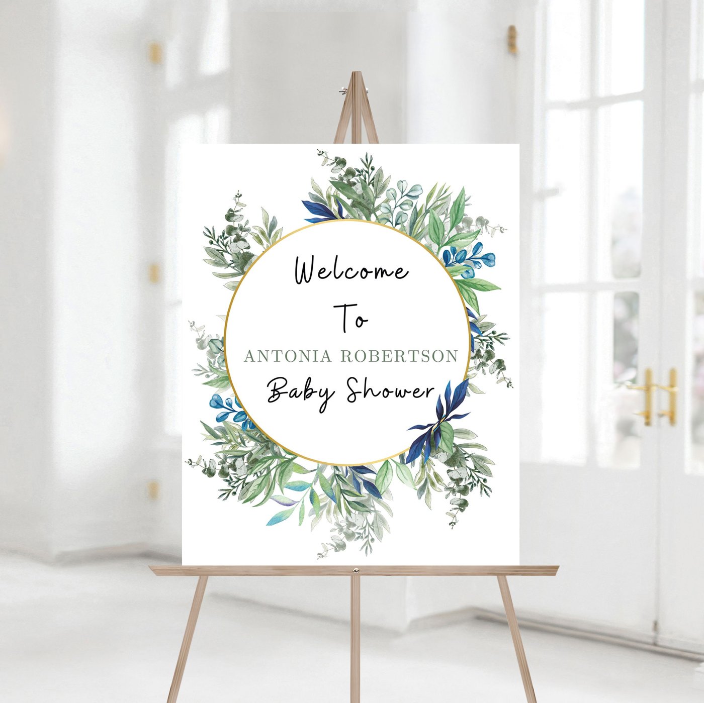Editable Greenery Baby Shower Welcome Sign, Green Gold Watercolor Botanical Baby Shower Welcome Sign, Printable Baby Sho