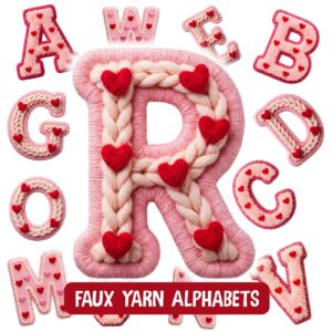 Pink faux yarn Fluffy Alphabet Letters bundle, Faux Yarn Latch Hook Coquette Love Font Clipart, Valentines Knitted A-Z D